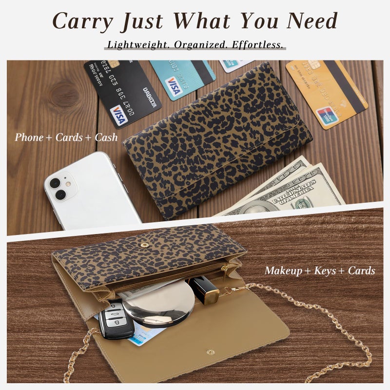 U+U Crossbody Bags for Women, Small Leather Bag with Removable Chain, Card Slots & Phone Pocket - Lightweight Purse Wallet (Leopard) - Image 4