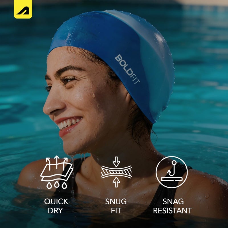 BOLDFIT Swimming Cap for Men Silicone Swimming Caps - Unisex Silicone Fabric, Easy Fit - White Blue - Image 4
