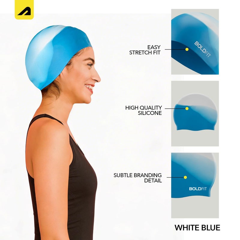 BOLDFIT Swimming Cap for Men Silicone Swimming Caps - Unisex Silicone Fabric, Easy Fit - White Blue - Image 2