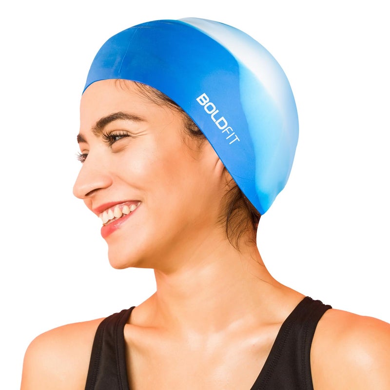 BOLDFIT Swimming Cap for Men Silicone Swimming Caps - Unisex Silicone Fabric, Easy Fit - White Blue - Image 1