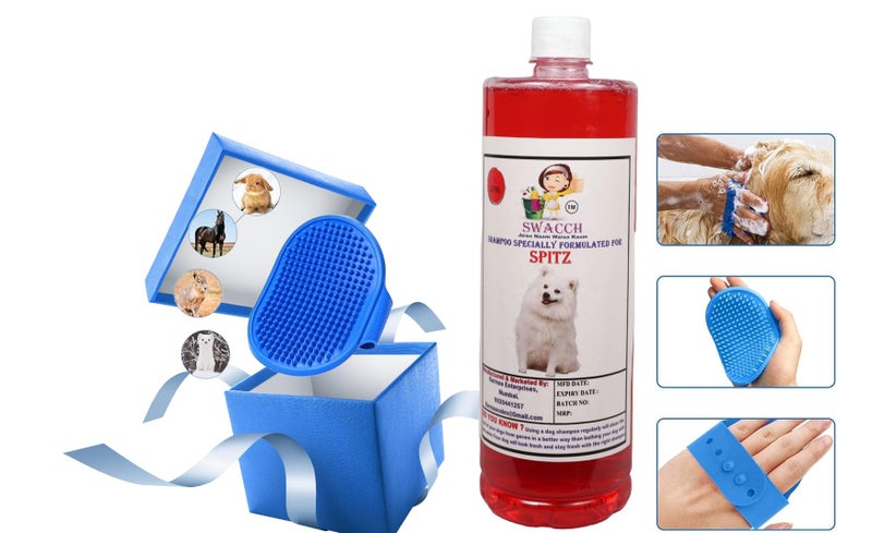 swacch Shampoo | Puppy Safe Shampoo | Spitz Dog Shampoo 1 Litre Strawberry + | Rubber Bath Brush with Adjustable Straps | Pet Massage | Soothing Bristles Hand Brush I Combo Pack - Image 2