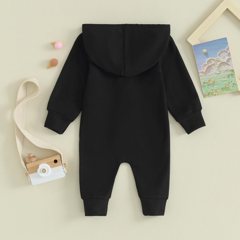 allshope Newborn Baby Boy Girl Fall Outfit Romper Long Sleeve Hooded Solid Color Zipper Jumpsuit Bodysuit Infant Clothes (Color Black, 0-3 Months) - Image 3