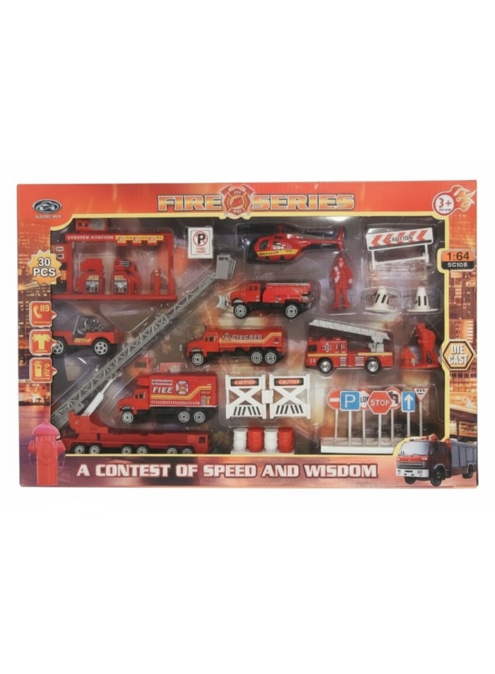 بريميم مجموعة سيارات الإنقاذ والإطفاء – ٣٠ قطعة من ألعاب رجال الإطفاء المعدنية مع شاحنات وطائرة هليكوبتر وإكسسوارات محطة للأطفال - Image 1