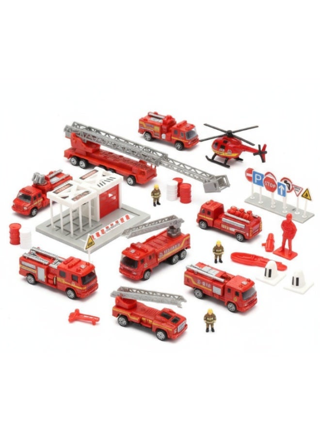 بريميم مجموعة سيارات الإنقاذ والإطفاء – ٣٠ قطعة من ألعاب رجال الإطفاء المعدنية مع شاحنات وطائرة هليكوبتر وإكسسوارات محطة للأطفال - Image 2