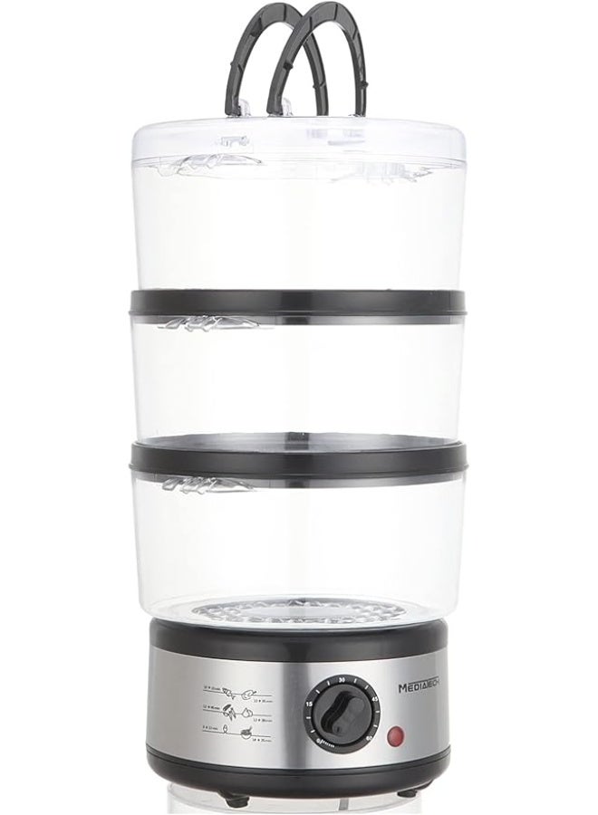 ميديا تيك جهاز طهي الطعام الصحي بالبخار من ميديا تيك، ٥٠٠ واط، ٣ أوعية، ٣ سلال، وعاء أرز/طباخ أرز، طباخ بخار مع مؤقت من ٠ إلى ٦٠ دقيقة، طباخ بخار كهربائي، MT-FS88 - فضي/أسود (ضمان لمدة عامين) - Image 1