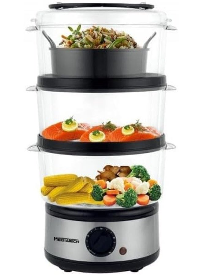 ميديا تيك جهاز طهي الطعام الصحي بالبخار من ميديا تيك، ٥٠٠ واط، ٣ أوعية، ٣ سلال، وعاء أرز/طباخ أرز، طباخ بخار مع مؤقت من ٠ إلى ٦٠ دقيقة، طباخ بخار كهربائي، MT-FS88 - فضي/أسود (ضمان لمدة عامين) - Image 3