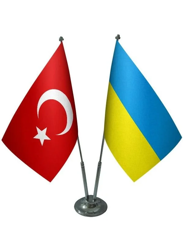 Saturndesign Desktop Ukrainian Flag Turkish Flag Double Chrome Pole Table Flag Set