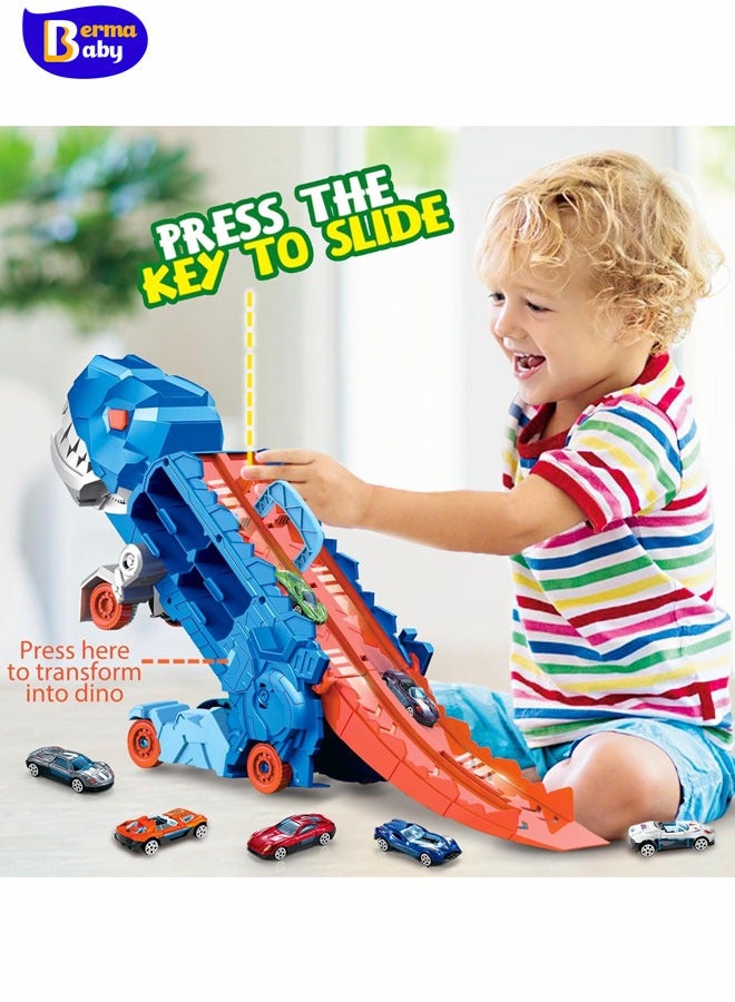 Berma Baby City Dinosaur Ultimate Hauler Track Toy for Boys T-Rex Dinosaur Transporter Car Carrier with Foldable Sliding, City Dinosaur Ultimate Hauler Track Toy Transforms into Dino  for Kids Ages 3 4 5 6 Years Old(4 Cars) - Image 2