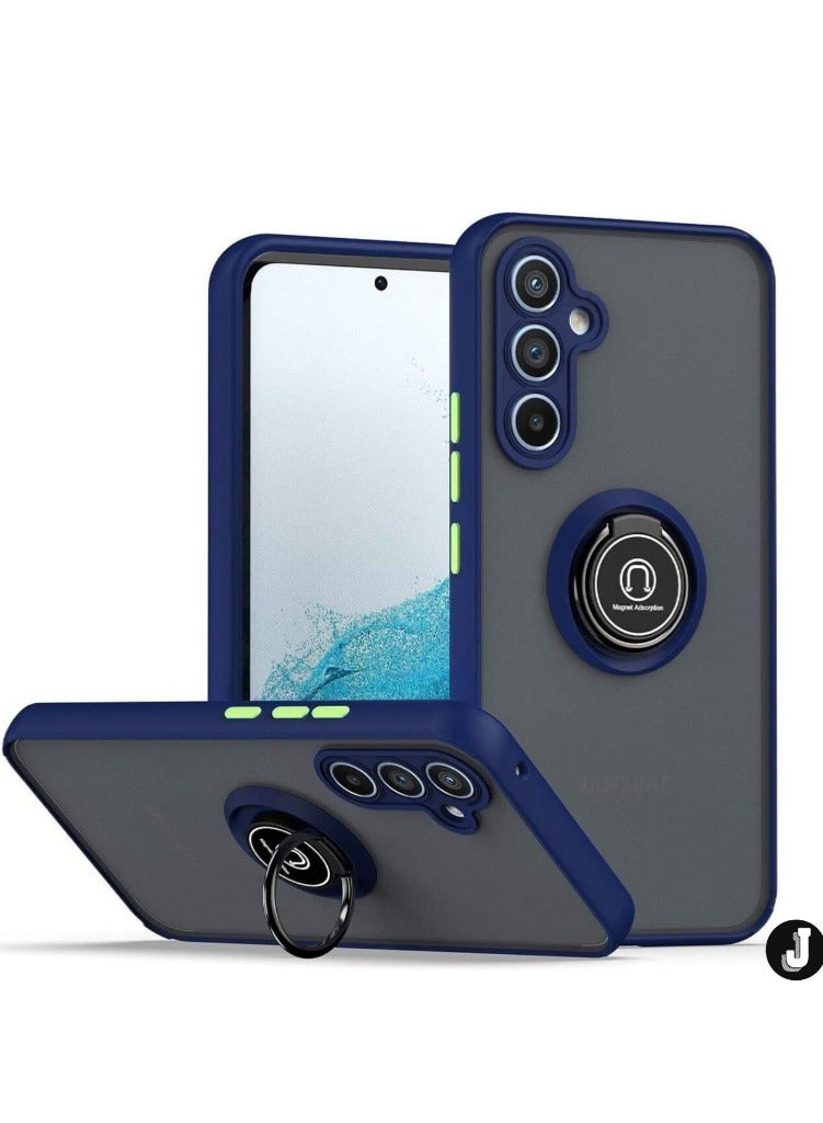 JAJEEK "Shockproof Galaxy A34 5G Case with Metal Ring Kickstand – Magnetic Car Mount Holder, Matte Hard Back Cover (Blue/Grey)" - Image 1