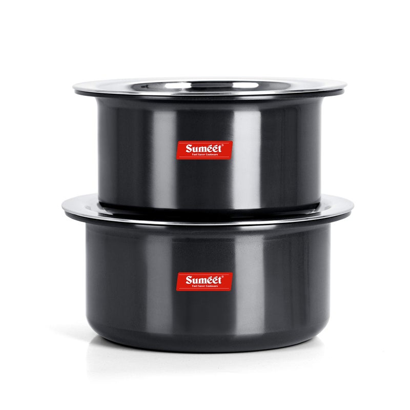 SUMEET 3mm Thick Hard Aluminium Black Anodized Large Size Tope Set of 2 Pc with S. S. Lid (Size No. 16- 4.250 LTR, No. 17 - 5 LTR) - Image 1