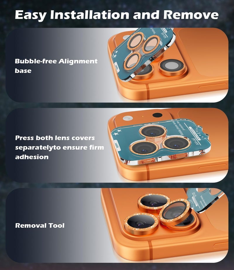 imluckies Camera Lens Protector for iPhone 17 Pro/iPhone 17 Pro Max, AR+AF Tempered Glass & 9H Hardness Shatterproof, HD Clear Metal Sparkle Lens Cover with Installation Tray 2025, Bling Orange - Image 5