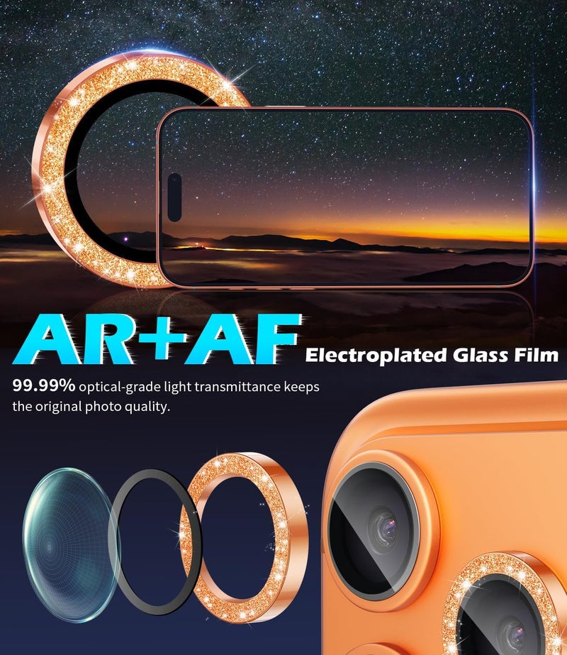 imluckies Camera Lens Protector for iPhone 17 Pro/iPhone 17 Pro Max, AR+AF Tempered Glass & 9H Hardness Shatterproof, HD Clear Metal Sparkle Lens Cover with Installation Tray 2025, Bling Orange - Image 4