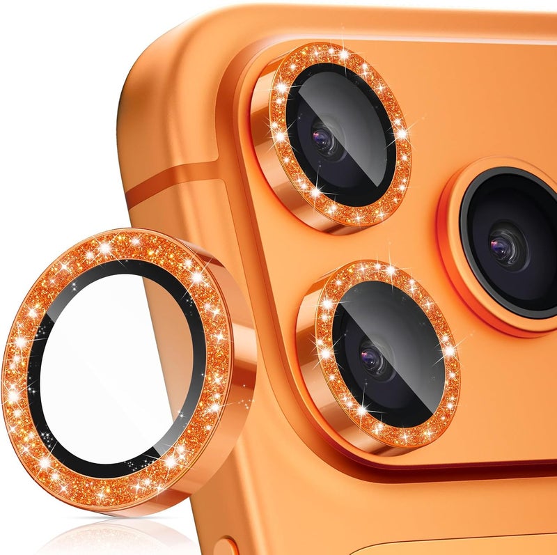 imluckies Camera Lens Protector for iPhone 17 Pro/iPhone 17 Pro Max, AR+AF Tempered Glass & 9H Hardness Shatterproof, HD Clear Metal Sparkle Lens Cover with Installation Tray 2025, Bling Orange - Image 1