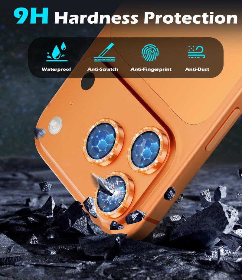 imluckies Camera Lens Protector for iPhone 17 Pro/iPhone 17 Pro Max, AR+AF Tempered Glass & 9H Hardness Shatterproof, HD Clear Metal Sparkle Lens Cover with Installation Tray 2025, Bling Orange - Image 3