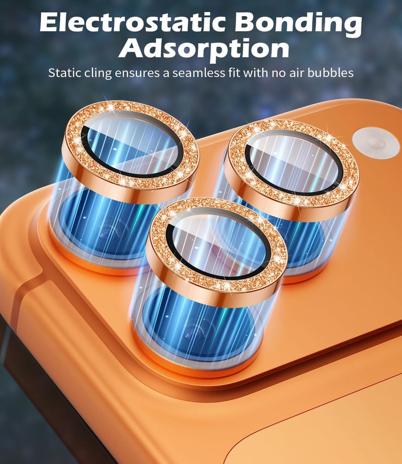 imluckies Camera Lens Protector for iPhone 17 Pro/iPhone 17 Pro Max, AR+AF Tempered Glass & 9H Hardness Shatterproof, HD Clear Metal Sparkle Lens Cover with Installation Tray 2025, Bling Orange - Image 2