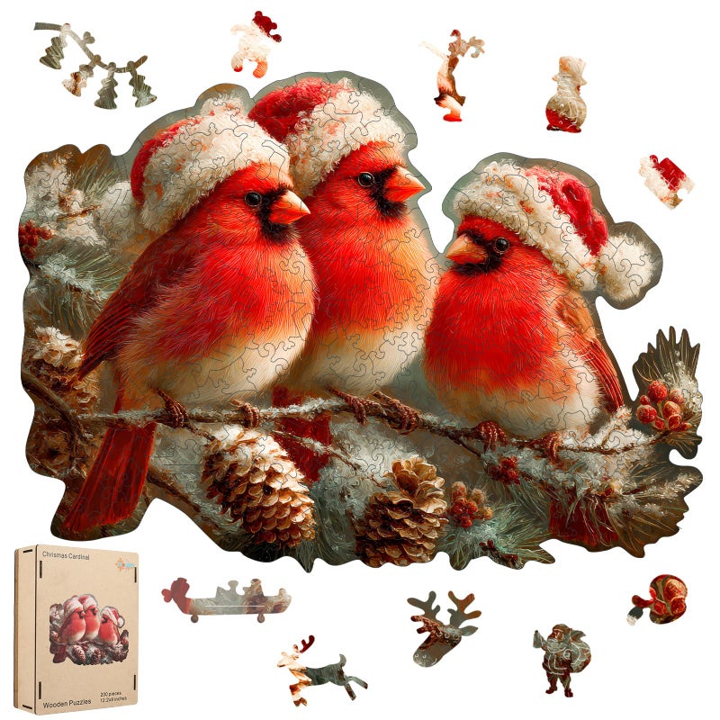 MEATRN Christmas Cardinal Wood Puzzles Adult Three Baby Birds with Santa Hat 199Pcs Wooden Jigsaw Puzzle for Festive Holiday Fun Teenss Party and Winter Activity 12289 - Image 3
