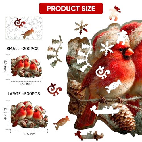 MEATRN Christmas Cardinal Wood Puzzles Adult Three Baby Birds with Santa Hat 199Pcs Wooden Jigsaw Puzzle for Festive Holiday Fun Teenss Party and Winter Activity 12289 - Image 5