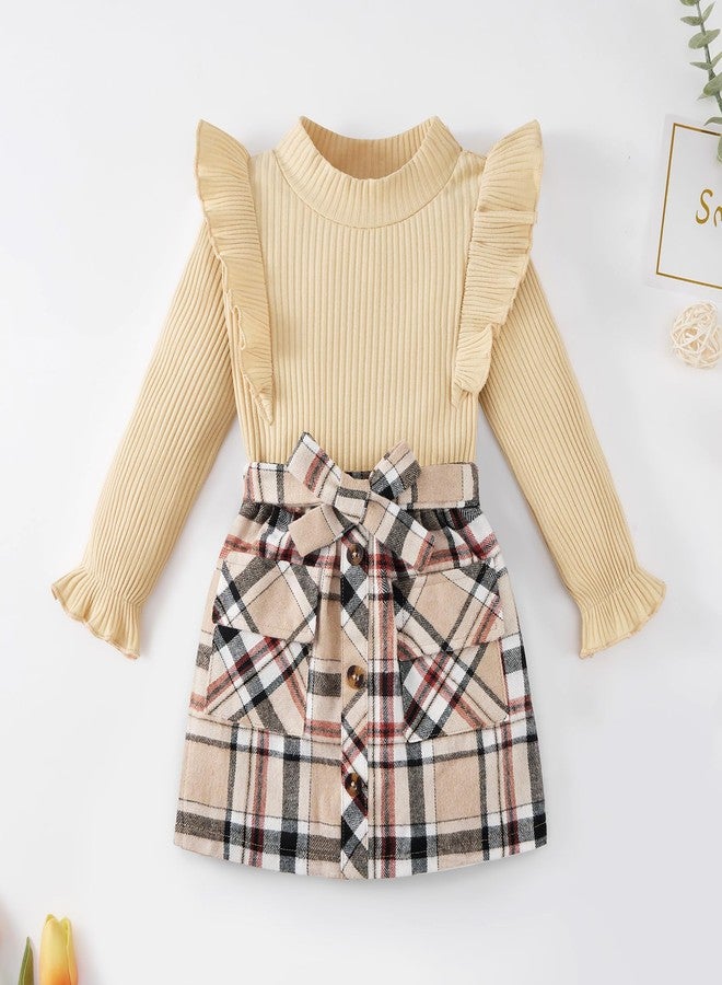 Weixinbuy Toddler Girl Fall Winter Clothes Solid Turtleneck Ribbed Knit Tops Plaid Button Mini Skirts Set Outfits, Khaki, 1-2 Years - Image 5