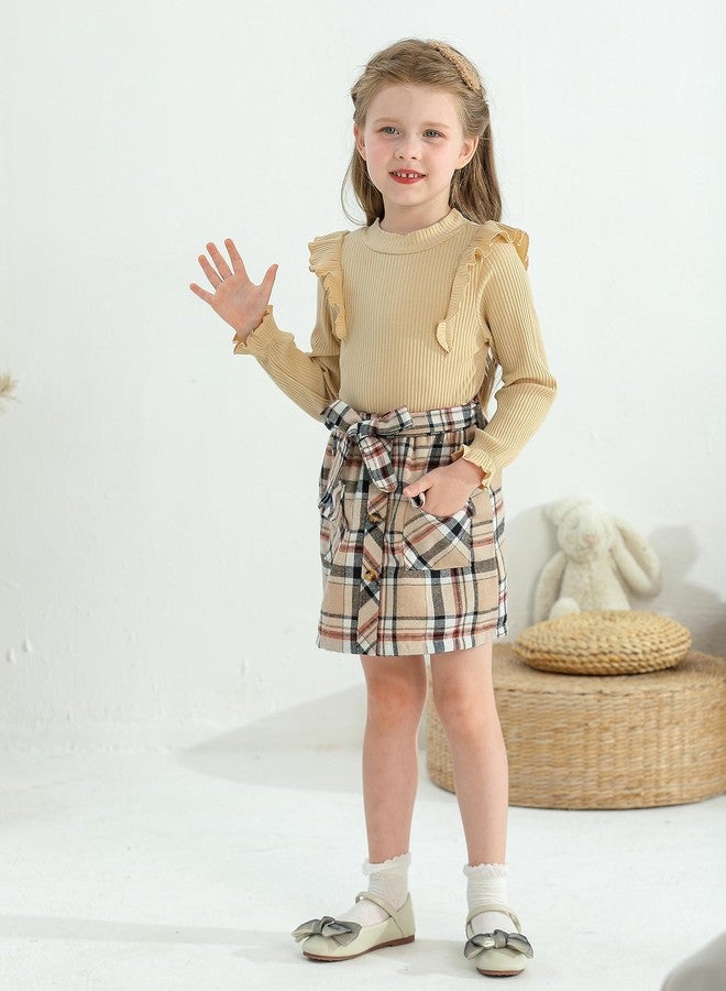 Weixinbuy Toddler Girl Fall Winter Clothes Solid Turtleneck Ribbed Knit Tops Plaid Button Mini Skirts Set Outfits, Khaki, 1-2 Years - Image 2