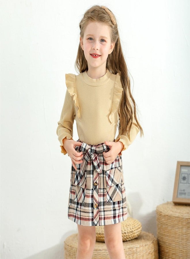 Weixinbuy Toddler Girl Fall Winter Clothes Solid Turtleneck Ribbed Knit Tops Plaid Button Mini Skirts Set Outfits, Khaki, 1-2 Years - Image 3