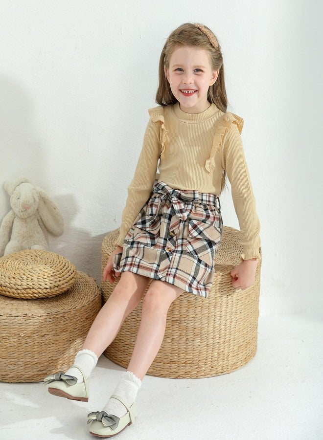 Weixinbuy Toddler Girl Fall Winter Clothes Solid Turtleneck Ribbed Knit Tops Plaid Button Mini Skirts Set Outfits, Khaki, 1-2 Years - Image 4
