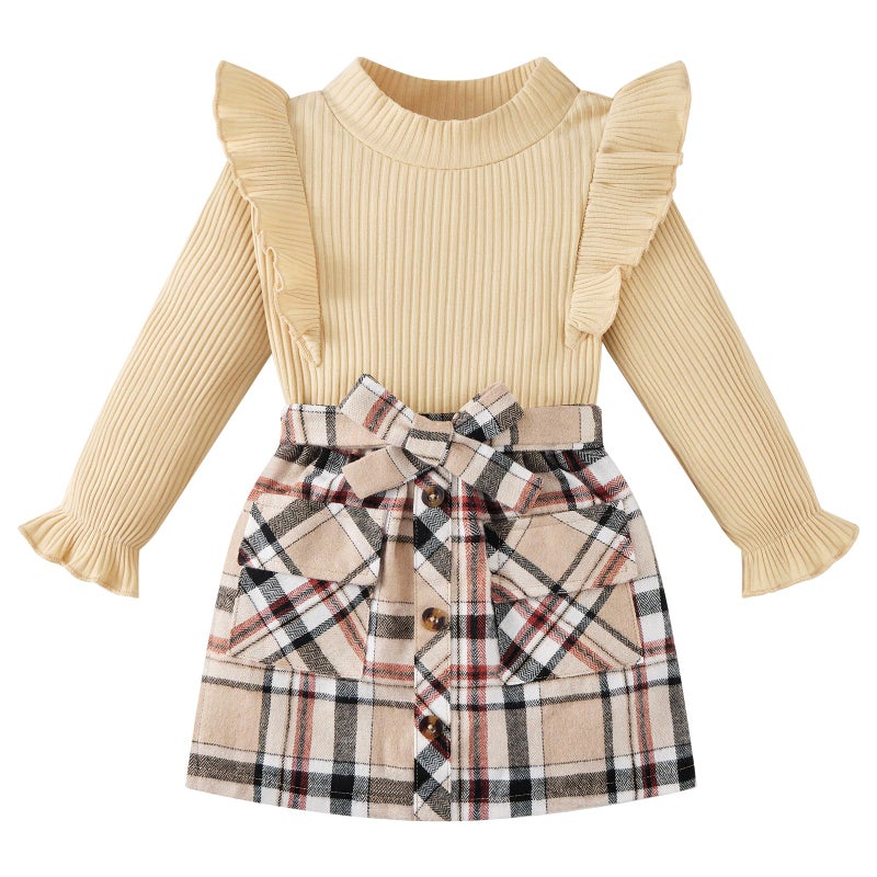 Weixinbuy Toddler Girl Fall Winter Clothes Solid Turtleneck Ribbed Knit Tops Plaid Button Mini Skirts Set Outfits, Khaki, 1-2 Years - Image 1