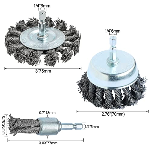 FPPO 3PCS 3 Inch Knotted Wire Wheel Cup Brush and Twist End Brush Set,1/4" Shank for Drill,Perfect for Rust Removal, Corrosion and Paint - Image 2
