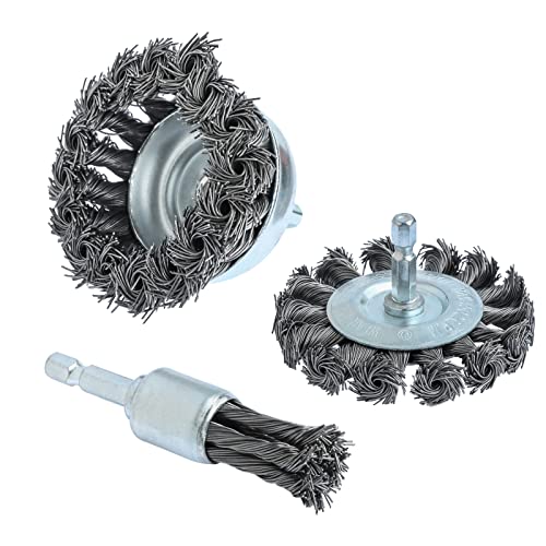 FPPO 3PCS 3 Inch Knotted Wire Wheel Cup Brush and Twist End Brush Set,1/4" Shank for Drill,Perfect for Rust Removal, Corrosion and Paint - Image 1
