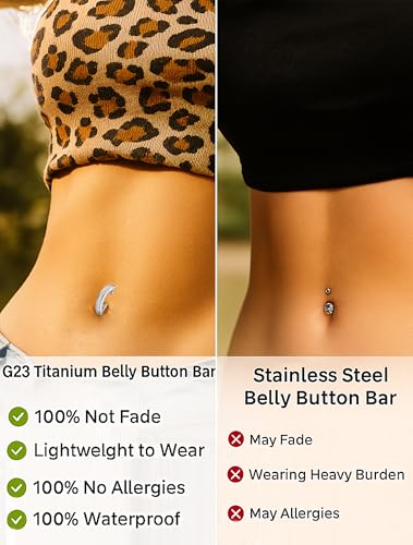 VOJO 14G G23 Titanium Clicker Belly Button Ring,10/12mm Reverse Curved Hoop Navel Barbell Piercing Jewelry (Silver Diamonds,14G 10mm) - Image 4