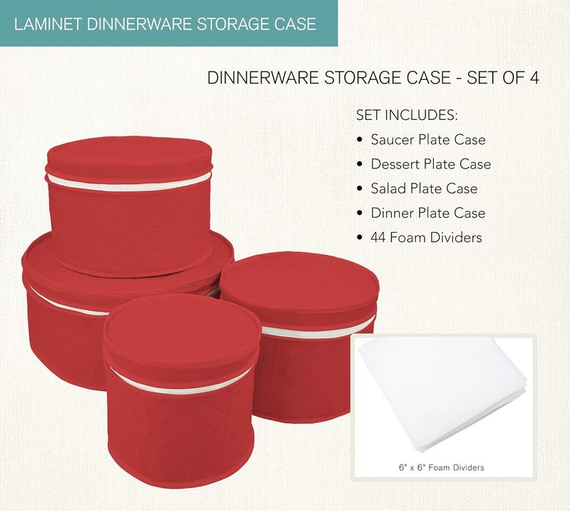 LAMINET 4 Piece Quilted Plate Storage Set - Holds Up to 48 Plates with Padded Inserts - RED - Image 2