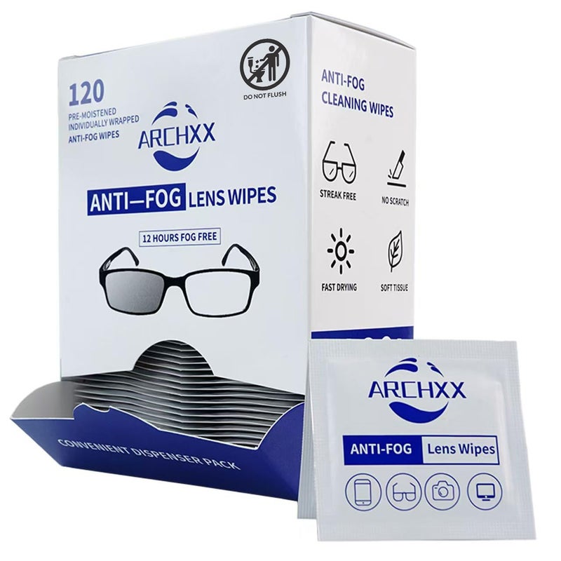 ARCHXX Anti Fog Wipes for Glasses 120 CountPreMoistened Cleaning Wipes Lens Cleaner Wipe for EyeglassesSunglassesGogglesScreenPhoneIndividually Wrapped Eye Glasses Cleaner