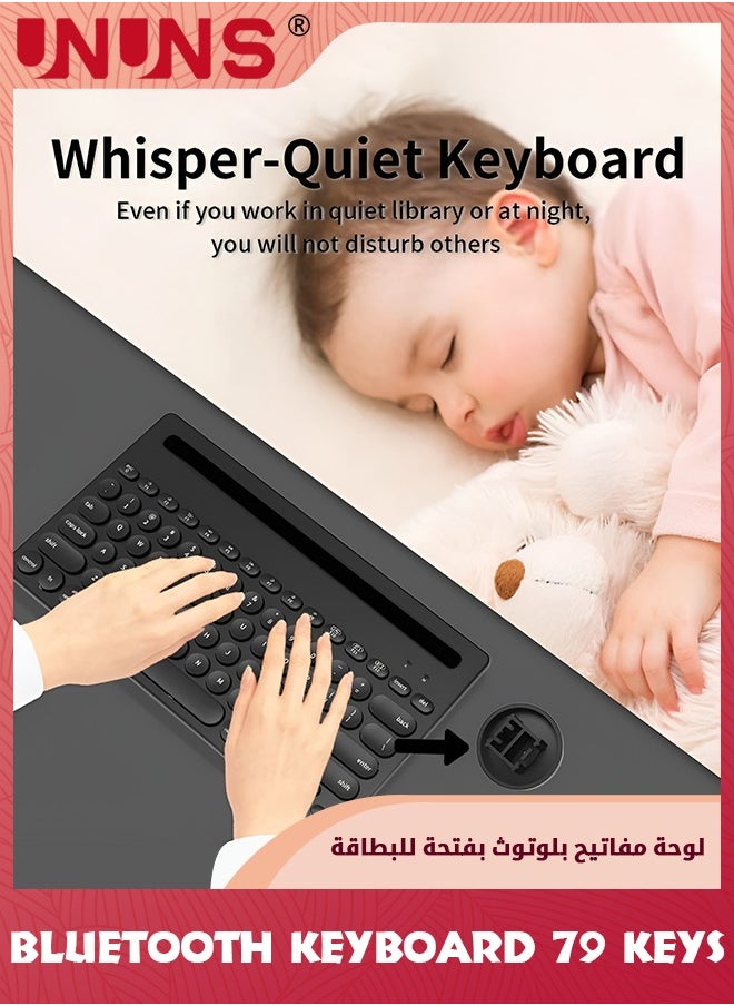 UNUNS - 79 Key Multi Device Bluetooth Keyboard With Cute Round Keycap,Integrated Stand,Thin Portable Wireless Keyboard Support 3 Device For MacBook iOS Android Windows,Black - Image 1