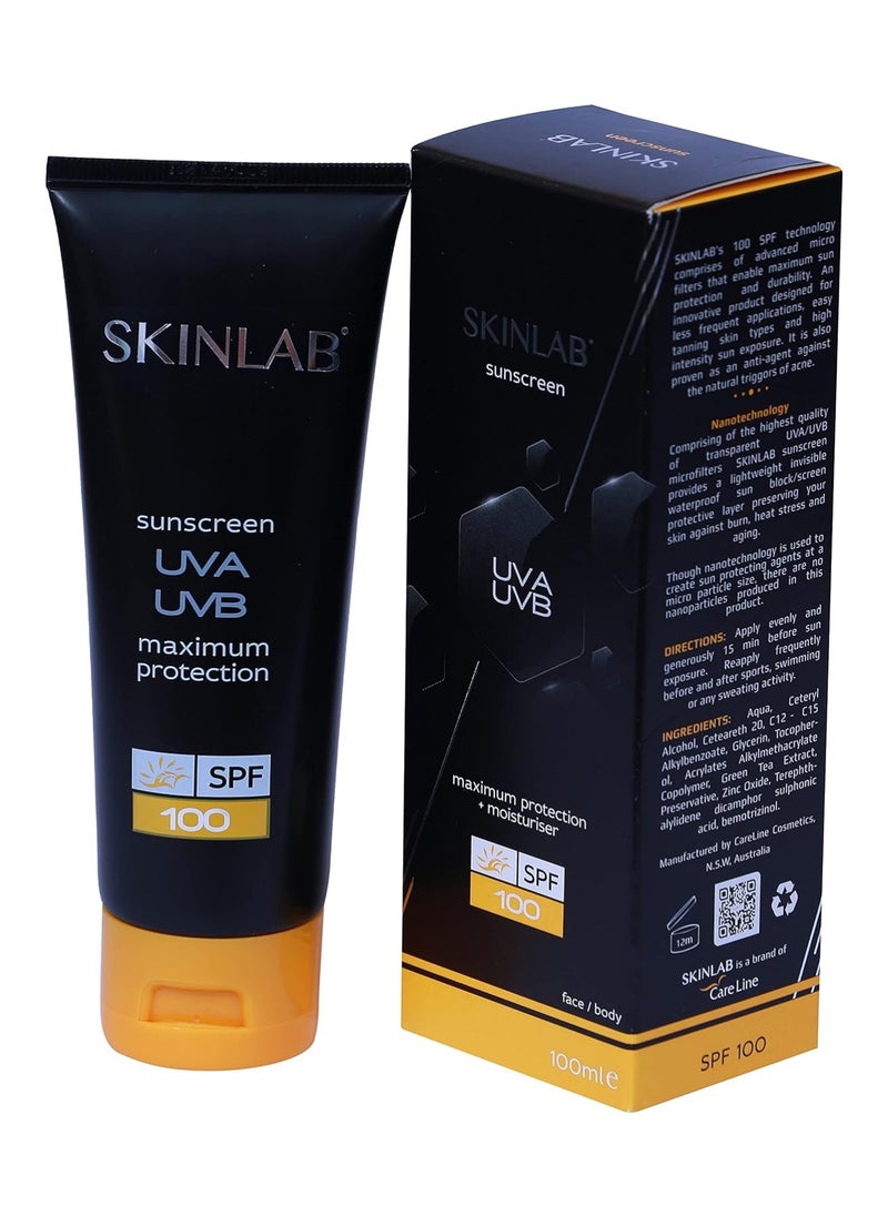 SKINLAB - Sunscreen Spf 100 Uva&Uvb Protection For All Skin Types, Water Resistant & Transparent 100Ml - Image 1