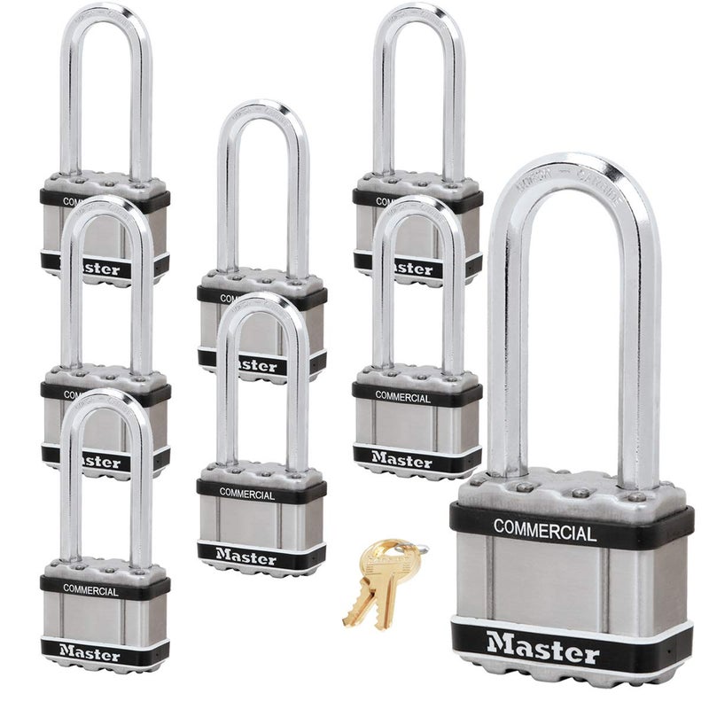 Master Lock Magnum Padlock 2 W x 212L Shackle Eight 8 Keyed Alike Locks M5NKALJSTS8 wBumpStop Technology