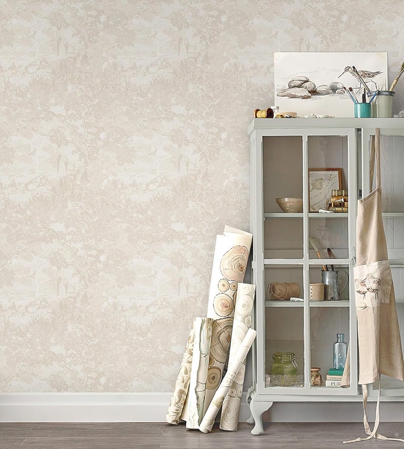 Peel and Stick Wallpaper - Beige Natural Vintage Forest Animals Floral Design - Image 2