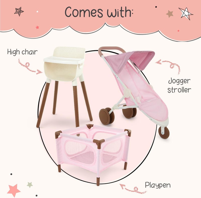 لولا بيبي – مجموعة إكسسوارات دمية طفل واقعية بحجم 14 بوصة – مجموعة رعاية الحضانة – كرسي مرتفع، روضة أطفال وعربة jogging – ألعاب لعب تمثيلي – للأطفال من عمر سنتين فما فوق – مجموعة لعب حضانة دمية طفل - Image 4