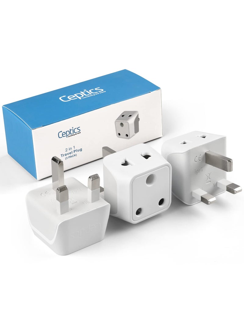 Ceptics Ceptics UK Adapter for Indian Pins Type G Plug Adapter with Dual Inputs India to UAE Adapter Ireland Plug 2 in 1 UK Adapter for Laptops Phones Chargers CE RoHS 3 Pack  - Image 2