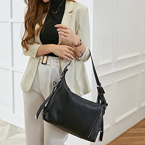HESHE Shoulder Bag Designer Soft Genuine Leather Handbags for Women Hobo Crossbody Bags Tote Purse Zipper Work Bag （Black） - Image 2