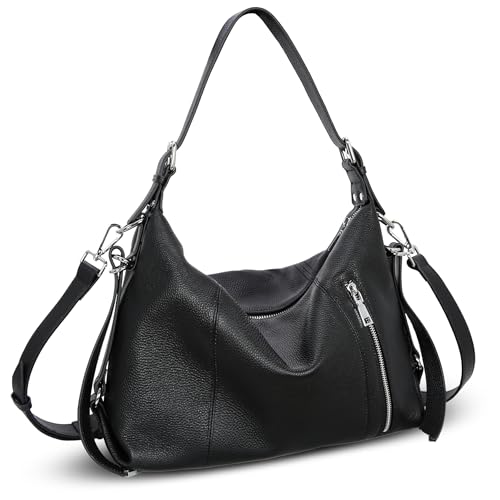 HESHE Shoulder Bag Designer Soft Genuine Leather Handbags for Women Hobo Crossbody Bags Tote Purse Zipper Work Bag （Black） - Image 1
