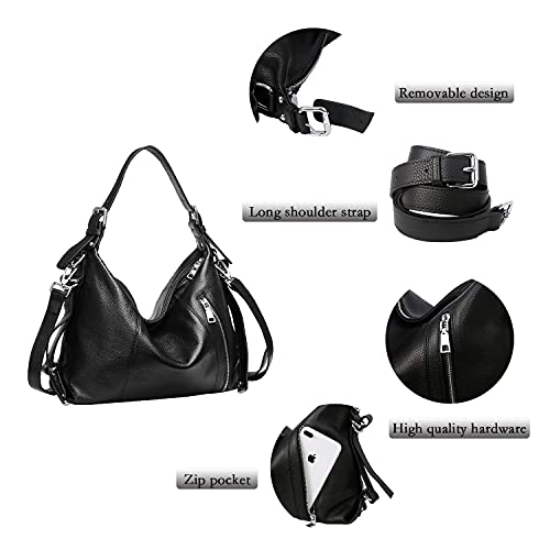 HESHE Shoulder Bag Designer Soft Genuine Leather Handbags for Women Hobo Crossbody Bags Tote Purse Zipper Work Bag （Black） - Image 5