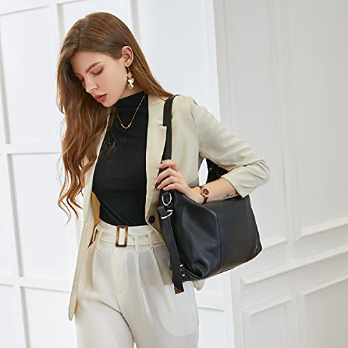 HESHE Shoulder Bag Designer Soft Genuine Leather Handbags for Women Hobo Crossbody Bags Tote Purse Zipper Work Bag （Black） - Image 3