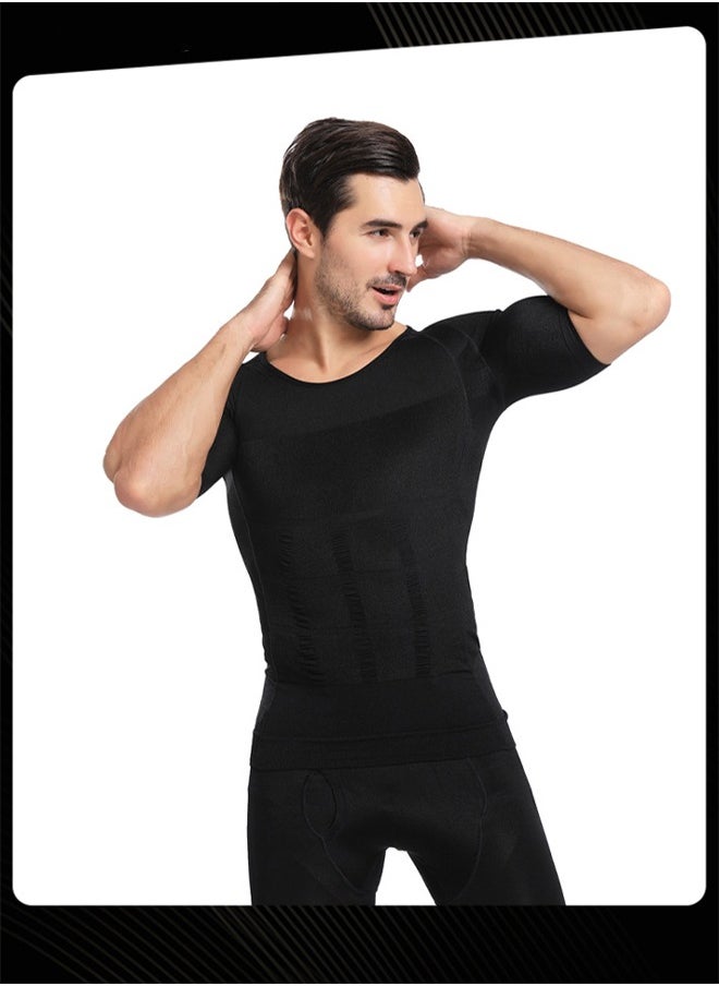 Jolly Chic - Men Body Shaper Short-sleeved Breathable Quick-dry Belly Slimming Undershirts for Sports Fitness Training Black - Image 1