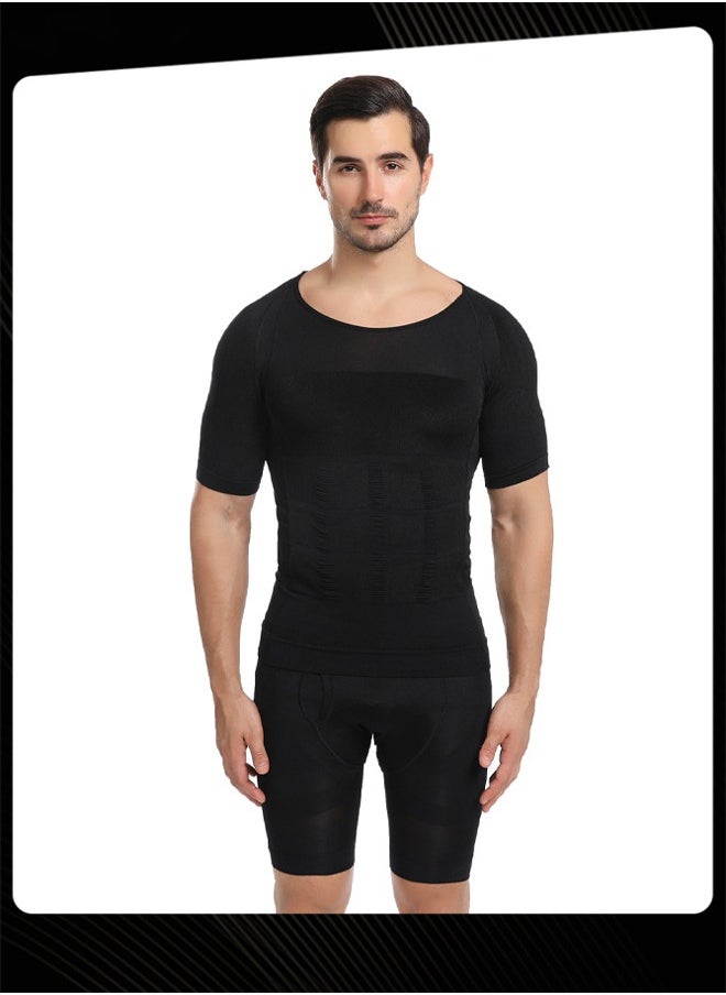 Jolly Chic - Men Body Shaper Short-sleeved Breathable Quick-dry Belly Slimming Undershirts for Sports Fitness Training Black - Image 1