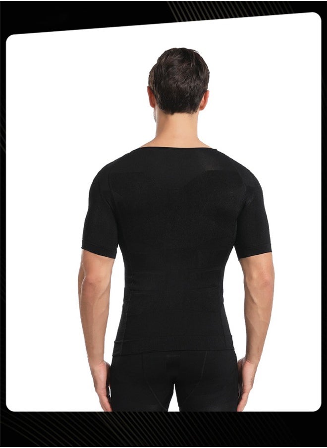Jolly Chic - Men Body Shaper Short-sleeved Breathable Quick-dry Belly Slimming Undershirts for Sports Fitness Training Black - Image 1