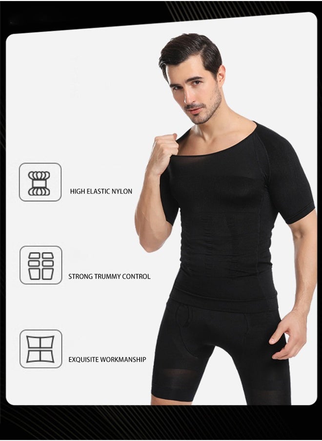 Jolly Chic - Men Body Shaper Short-sleeved Breathable Quick-dry Belly Slimming Undershirts for Sports Fitness Training Black - Image 1