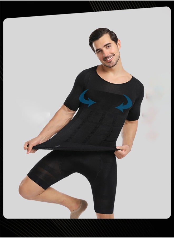 Jolly Chic - Men Body Shaper Short-sleeved Breathable Quick-dry Belly Slimming Undershirts for Sports Fitness Training Black - Image 1