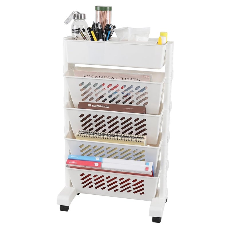 Idotry Idotry 5 Tier Mobile Bookshelf Cart with Wheels Rolling Bookshelf Cart Utility Cart for Office Study Kitchen Classroom White