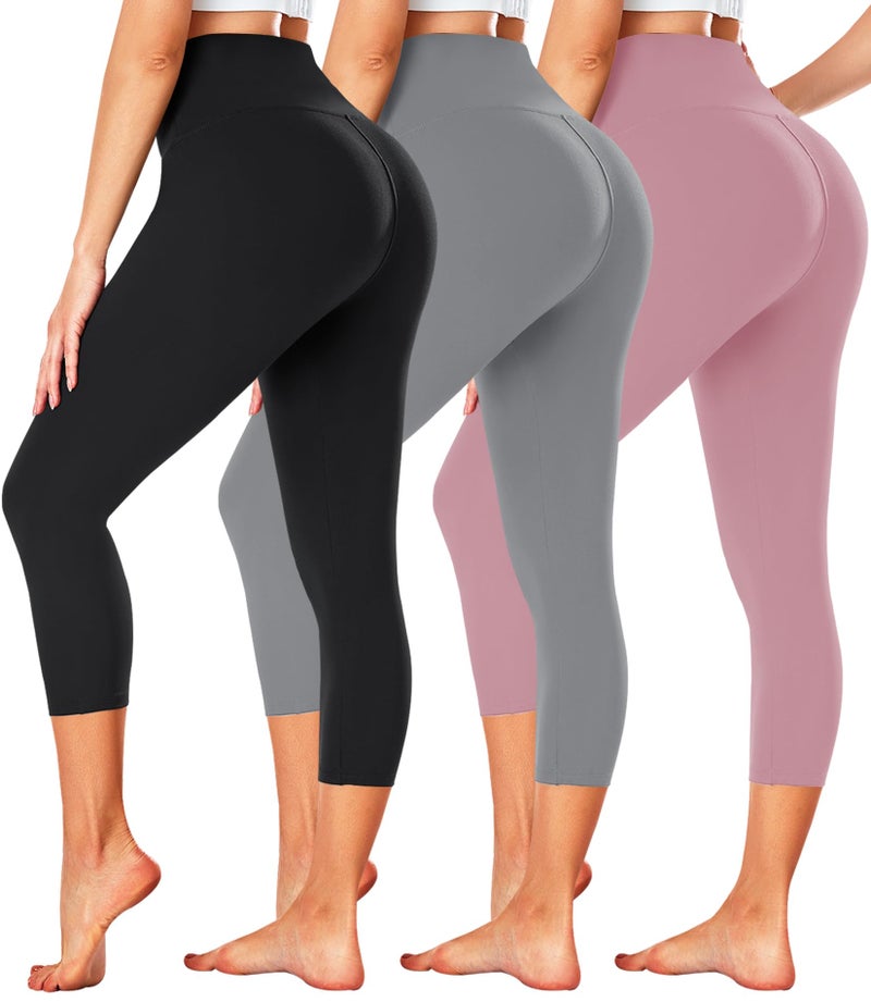 FULLSOFT 3 Pack Capri Leggings for Women - High Waisted Tummy Control Black Workout Yoga Pants for Summer,Sports(3 Pack Capri Black,Light Gray,Rosy Brown,Small-Medium) - Image 1
