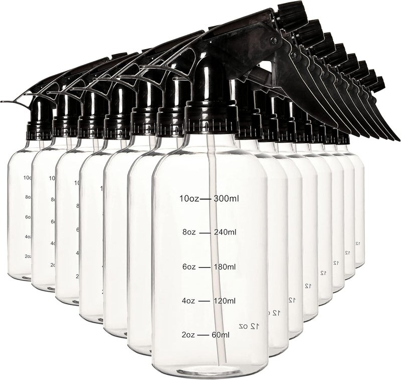 Youngever مجموعة يانغيفر من 12 زجاجة رذاذ بلاستيكية فارغة سعة 12 أونصة مع قياس، زجاجات رذاذ للشعر وحلول التنظيف