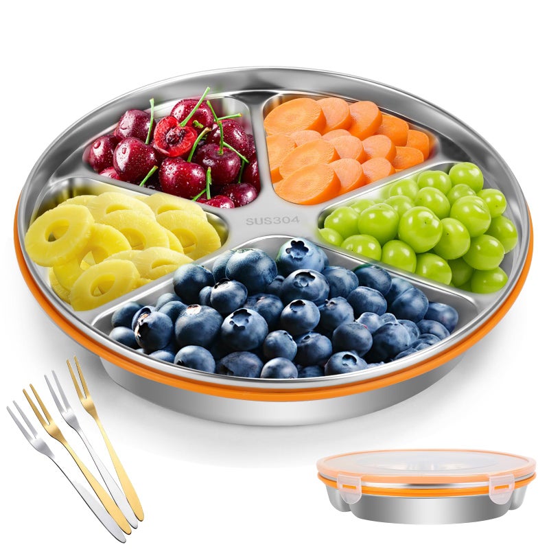 VAlinks Divided Serving Tray with Lid SUS 304 Snackle Box Reusable Veggie Tray Serving Plate with 4 Forks Stainless Steel Snack Platter for Picnic Party and Travel 5 Compartments